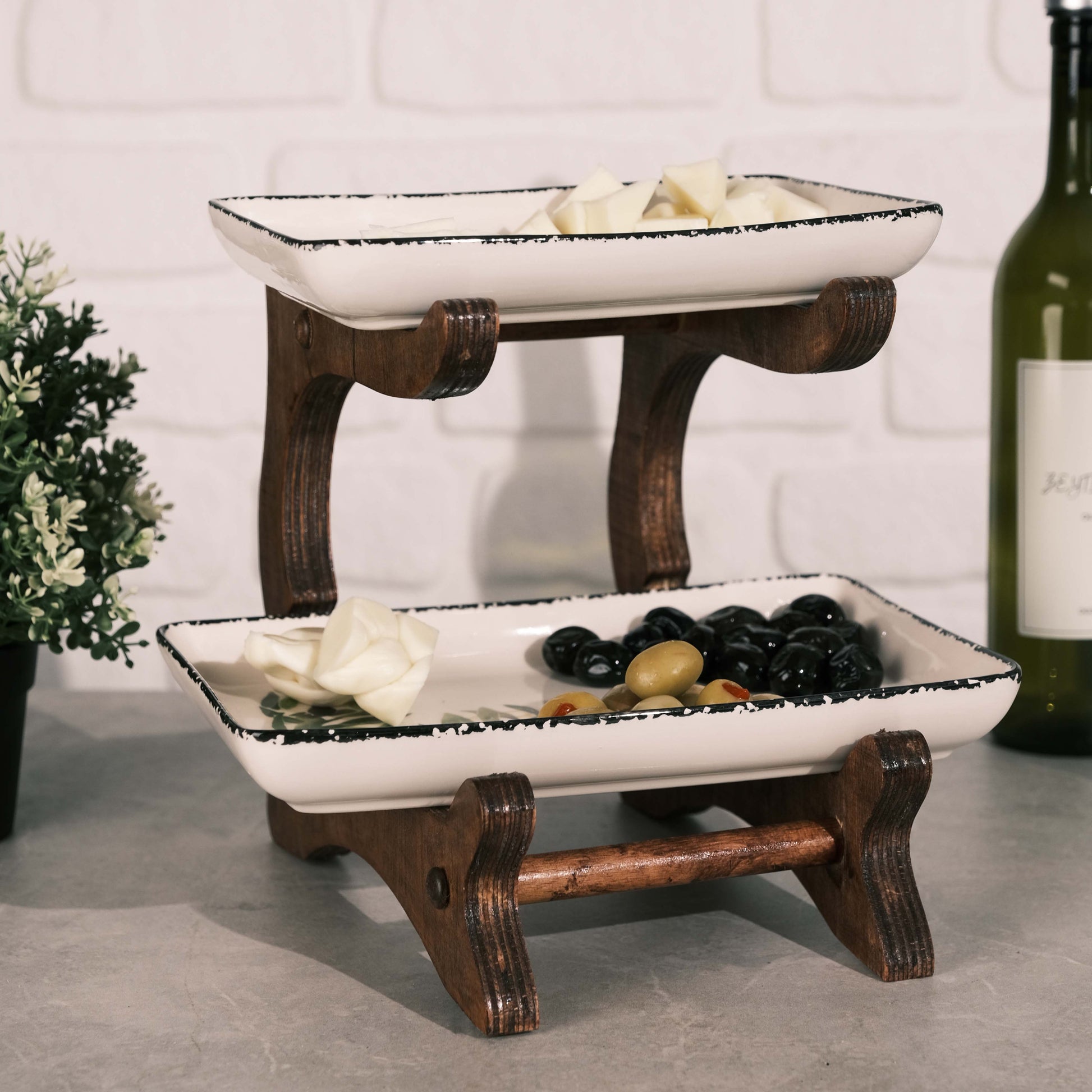 Ceramic Bowl Set with Wooden Rack - 2-3 Tiers Resin Wood Living
