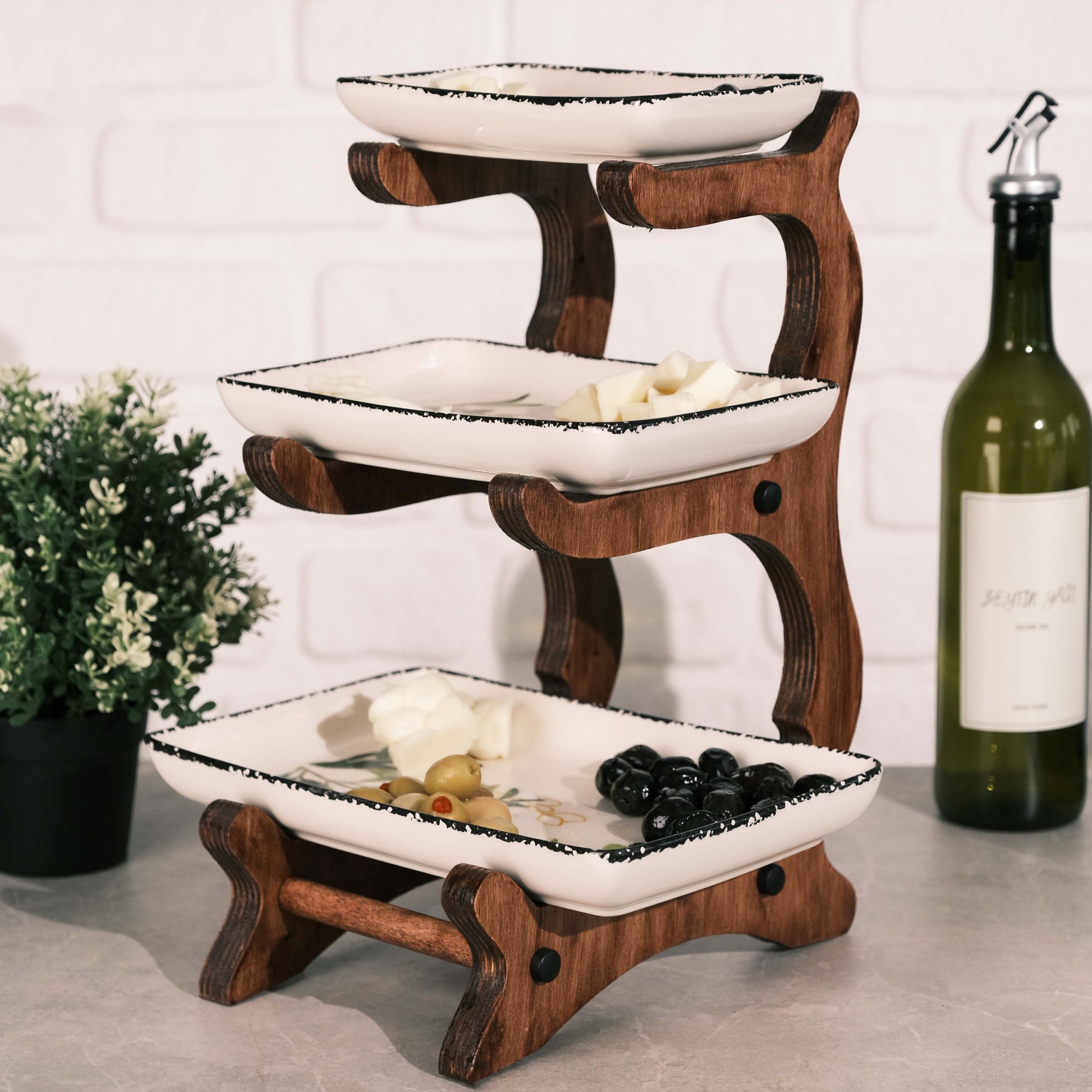 Ceramic Bowl Set with Wooden Rack - 2-3 Tiers Resin Wood Living