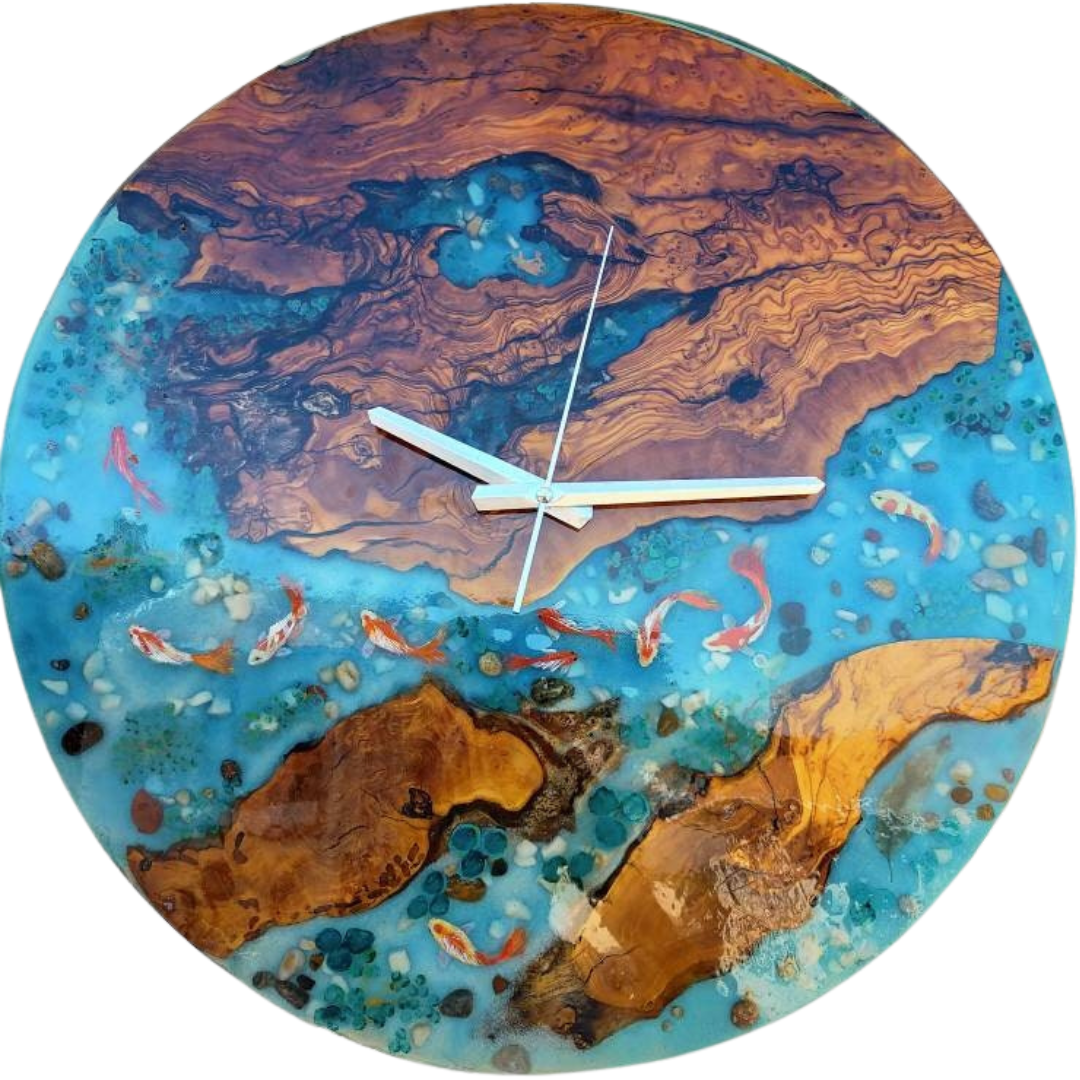 Aquarium Epoxy & Olive Wood Wall Clock