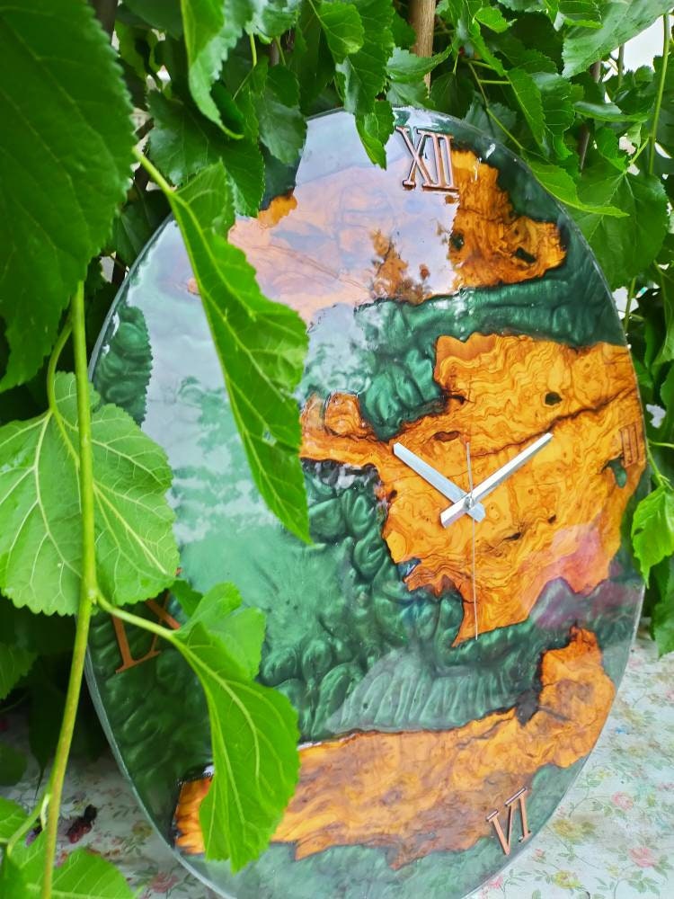 Metallic Color Epoxy & Olive Wood Wall Clock