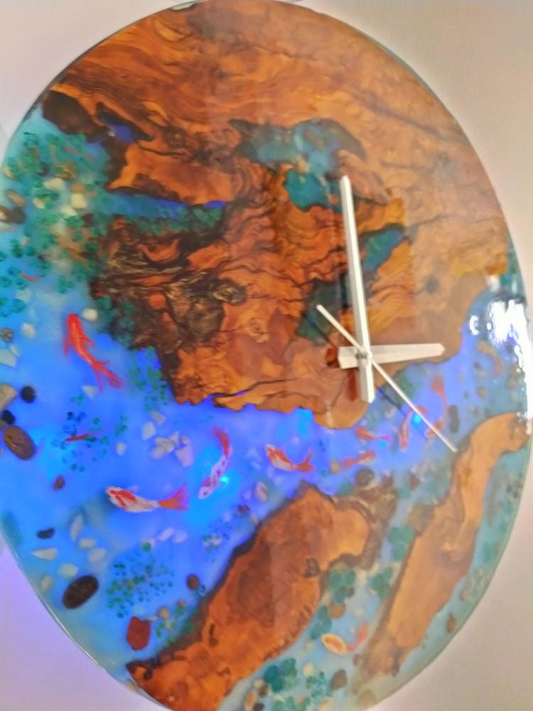 Aquarium Epoxy & Olive Wood Wall Clock