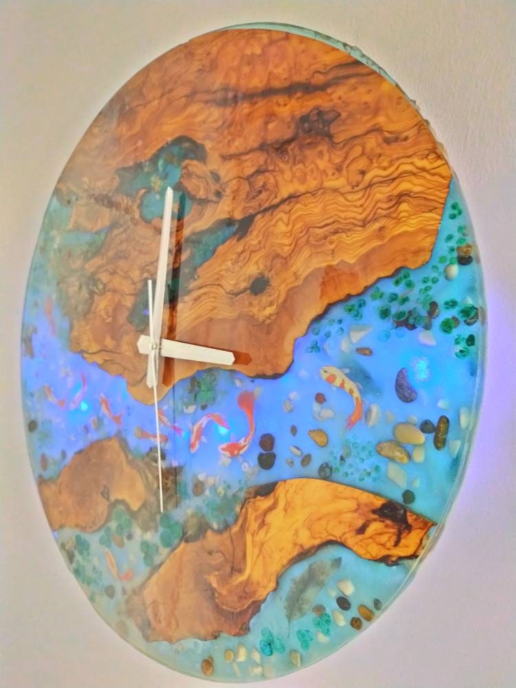 Aquarium Epoxy & Olive Wood Wall Clock