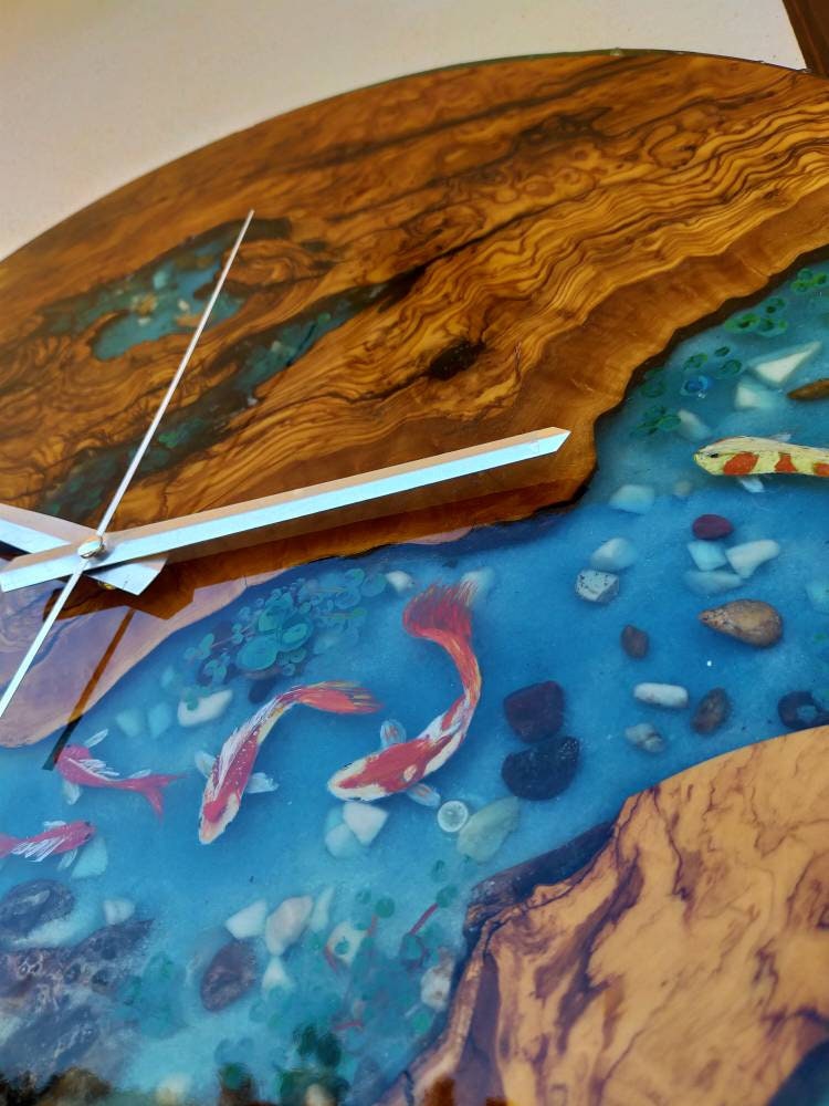 Aquarium Epoxy & Olive Wood Wall Clock