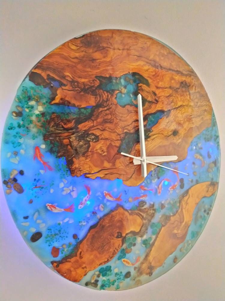 Aquarium Epoxy & Olive Wood Wall Clock