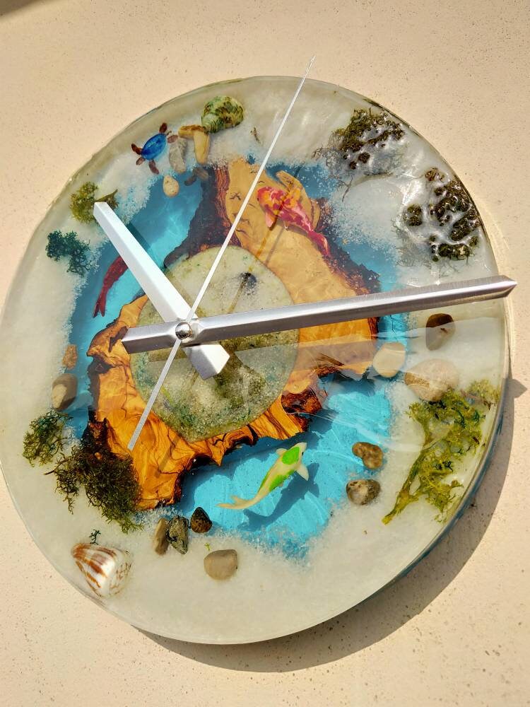 Aquarium Epoxy & Olive Wood Wall Clock