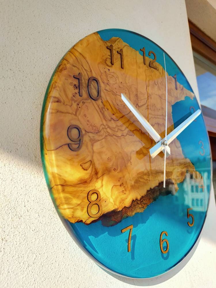 Transparent Epoxy & Olive Wood Wall Clock