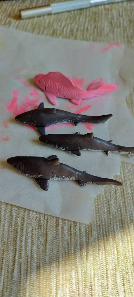 Polymer clay shark, fish for fish pond