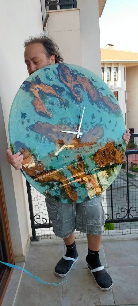 Aquarium Epoxy & Olive Wood Wall Clock